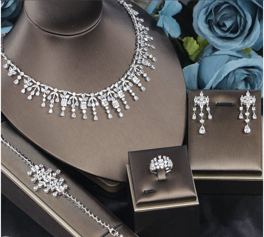 Bridal Zircon 3A Necklace Earrings Four-Piece Set